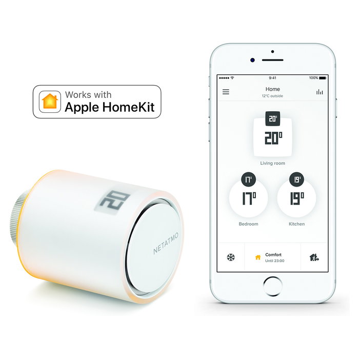 NetAtmo NAV-EN Termostato Inteligente para Radiador, Blanco, 0-50°C, Conexión Inalámbrica 2400 MHz, Alcance 100 m, Alimentado por 2 Pilas AA