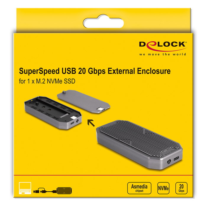 DeLOCK Carcasa Externa Gaming para SSD M.2 NVMe PCIe, USB 3.2 Gen 2x2 Type-C 20 Gbps con Iluminación LED RGB - Caja Externa Gris para Unidad de Estado Sólido