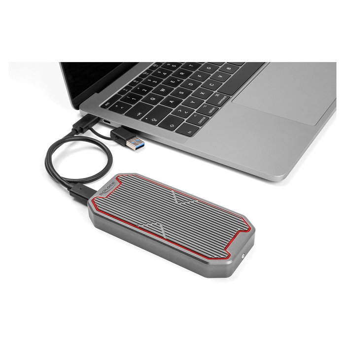DeLOCK Carcasa Externa Gaming para SSD M.2 NVMe PCIe, USB 3.2 Gen 2x2 Type-C 20 Gbps con Iluminación LED RGB - Caja Externa Gris para Unidad de Estado Sólido