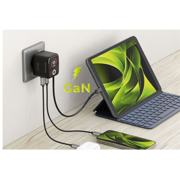 Mobile Origin PW3 Cargador GaN 65W con Cable USB-C Retráctil y Pantalla TFT