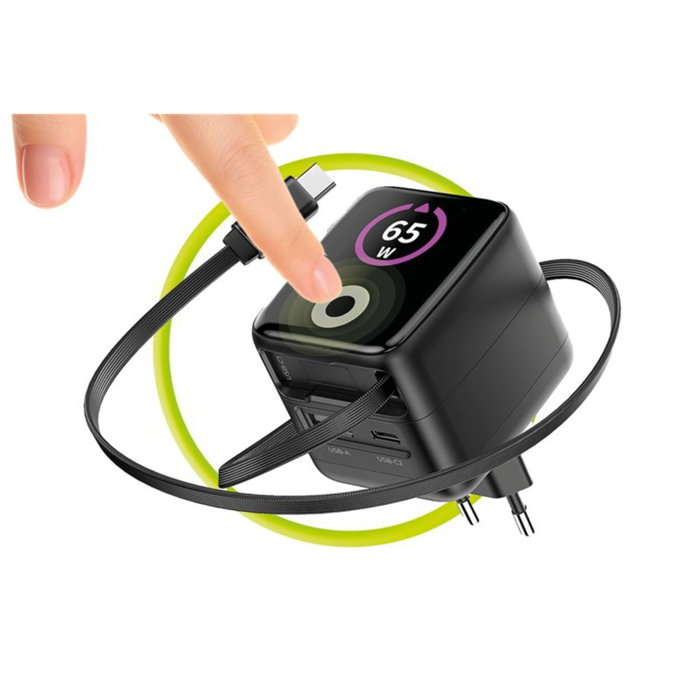 Mobile Origin PW3 Cargador GaN 65W con Cable USB-C Retráctil y Pantalla TFT
