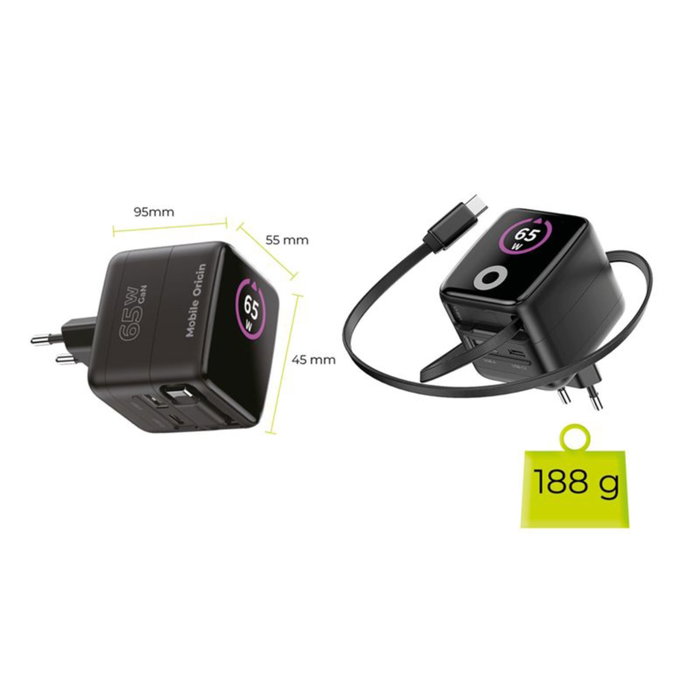 Mobile Origin PW3 Cargador GaN 65W con Cable USB-C Retráctil y Pantalla TFT