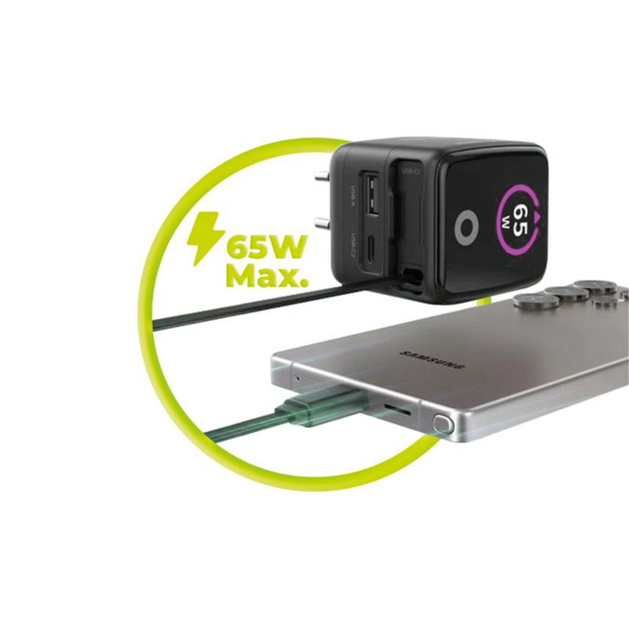 Mobile Origin PW3 Cargador GaN 65W con Cable USB-C Retráctil y Pantalla TFT