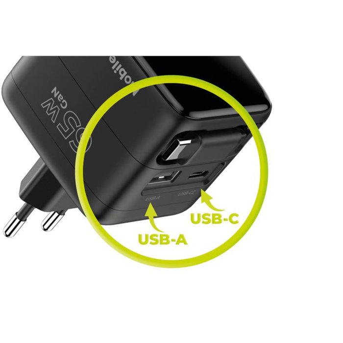 Mobile Origin PW3 Cargador GaN 65W con Cable USB-C Retráctil y Pantalla TFT