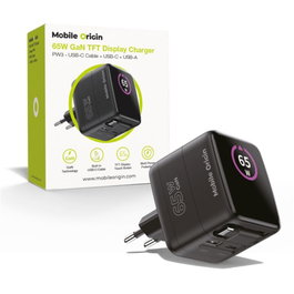 Mobile Origin PW3 Cargador GaN 65W con Cable USB-C Retráctil y Pantalla TFT