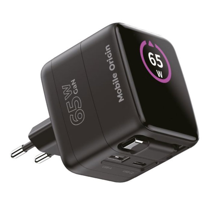 Mobile Origin PW3 Cargador GaN 65W con Cable USB-C Retráctil y Pantalla TFT