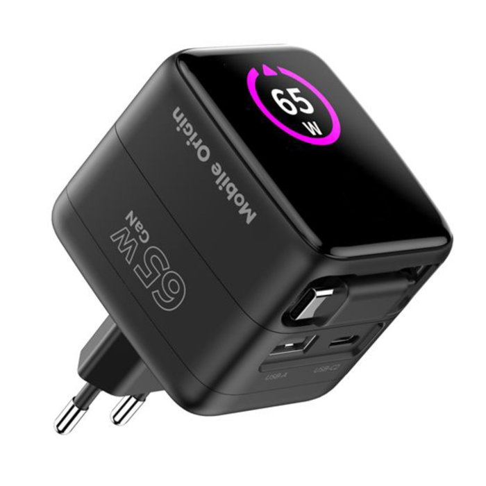 Mobile Origin PW3 Cargador GaN 65W con Cable USB-C Retráctil y Pantalla TFT