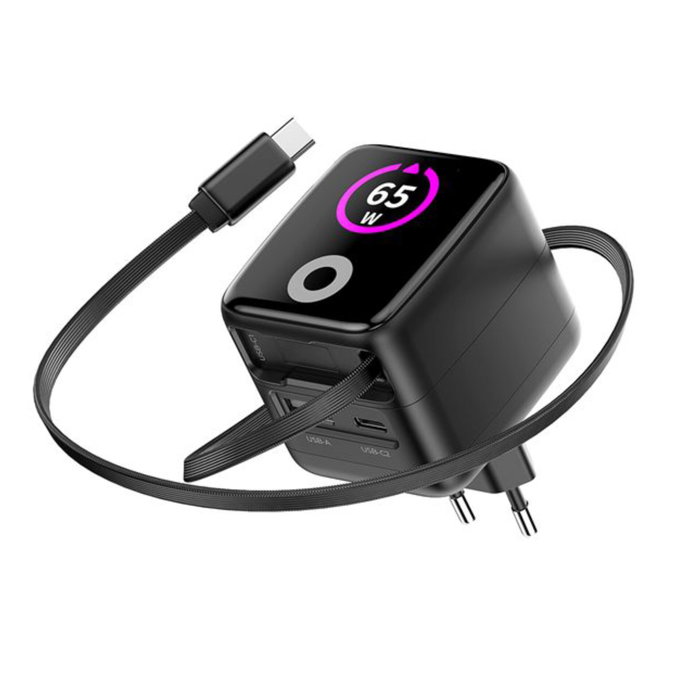 Mobile Origin PW3 Cargador GaN 65W con Cable USB-C Retráctil y Pantalla TFT