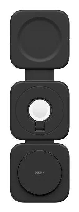 Belkin BoostCharge Pro Cargador inalámbrico magnético 3 en 1 con Qi2 para iPhone 15/14/13/12, Apple Watch y AirPods - Negro, 15W, plegable, estuche viaje