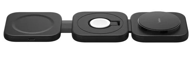 Belkin BoostCharge Pro Cargador inalámbrico magnético 3 en 1 con Qi2 para iPhone 15/14/13/12, Apple Watch y AirPods - Negro, 15W, plegable, estuche viaje