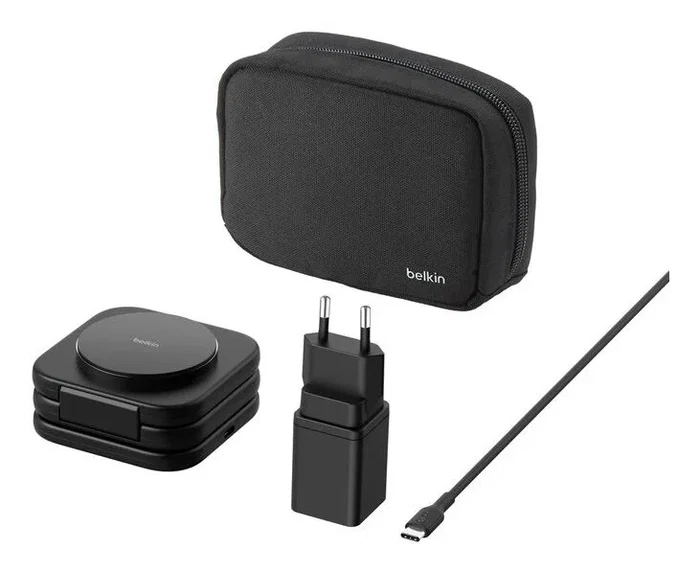 Belkin BoostCharge Pro Cargador inalámbrico magnético 3 en 1 con Qi2 para iPhone 15/14/13/12, Apple Watch y AirPods - Negro, 15W, plegable, estuche viaje