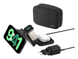 Belkin BoostCharge Pro Cargador inalámbrico magnético 3 en 1 con Qi2 para iPhone 15/14/13/12, Apple Watch y AirPods - Negro, 15W, plegable, estuche viaje