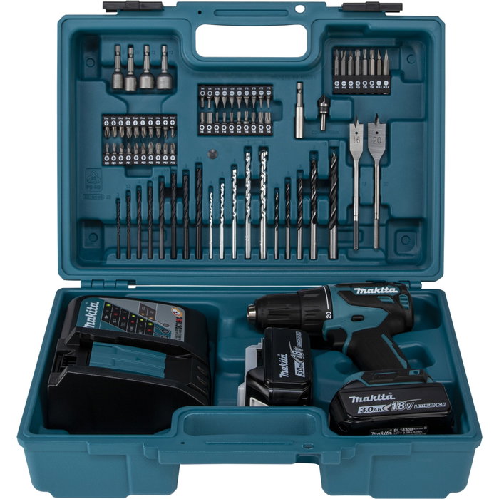 Makita DHP490RFX3 Taladro Combinado Inalámbrico 18V con 2 Baterías de 3.0 Ah y Kit de 74 Piezas