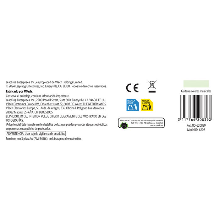 LeapFrog Guitarra Musical Infantil Interactiva 80-620839 V-Tech, con Teclas Luminosas, Colores y Sonidos de Animales, +18 Meses