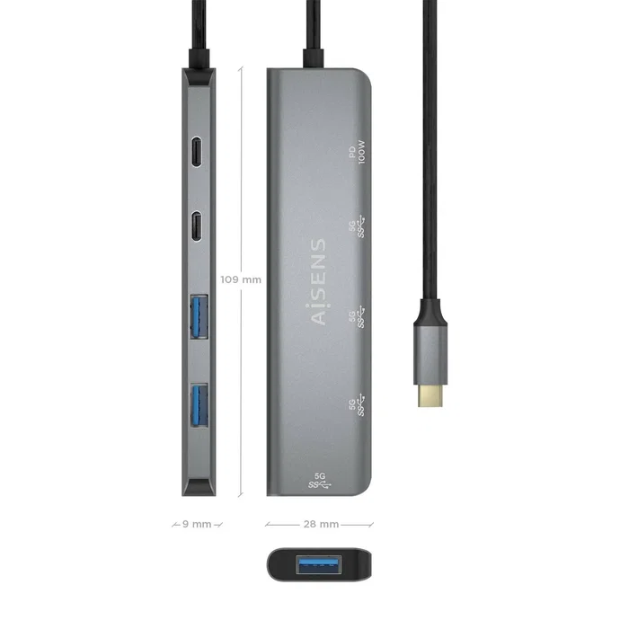 Aisens Hub USB 3.2 Gen1 5G USB-C, 5 Puertos, Gris