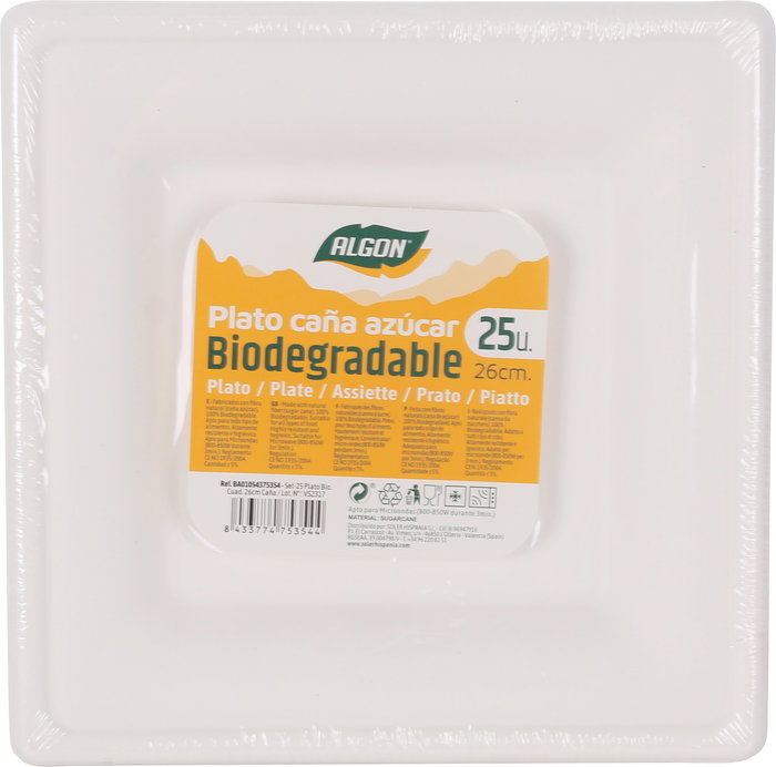 Algon Set 25 Platos Cuadrados Bio 26 cm Caña (8 Unidades)