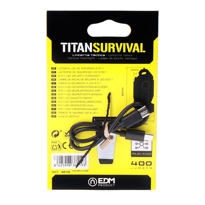 EDM Linterna de Seguridad 6 en 1 Titan Survival, Recargable USB-C, 400 Lúmenes, Batería 300 mAh, Incluye Rompecristales, Silbato y Herramientas (39x21x92 mm, IP44)