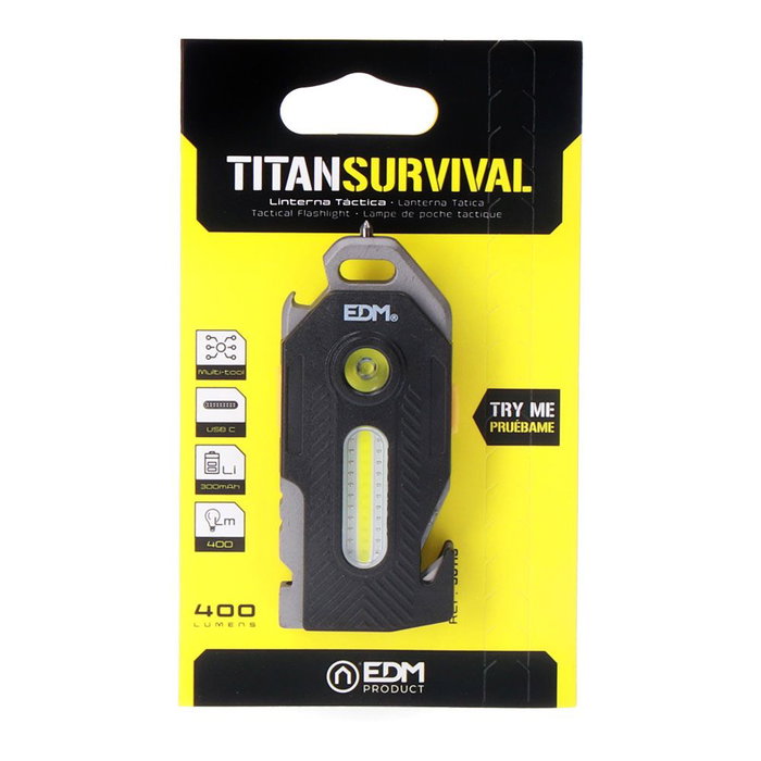EDM Linterna de Seguridad 6 en 1 Titan Survival, Recargable USB-C, 400 Lúmenes, Batería 300 mAh, Incluye Rompecristales, Silbato y Herramientas (39x21x92 mm, IP44)