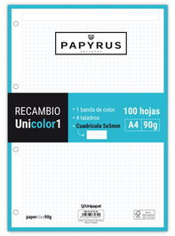 Recambio Papyrus Unicolor1 A4 100H 90G 4 Taladros Cuad.5X5 Turquesa (Set de 24)