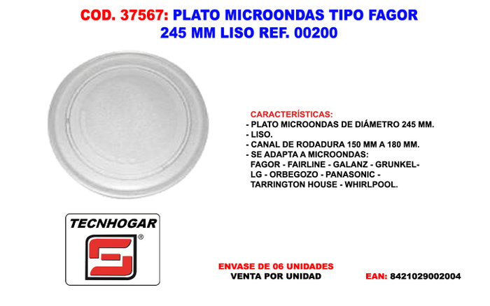 Plato para microondas tipo Fagor 245 mm liso Ref. 00200 Plato para microondas tipo Fagor 245 mm liso Ref. 00200