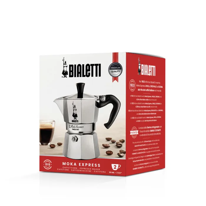 Bialetti Moka Express Cafetera Italiana 2 Tazas 90 ml, Acero Inoxidable, Apta para Gas y Eléctrica (No Inducción)