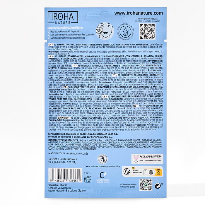 Iroha Tónico Facial Hidratante con Discos Pre-empapados - 10 unidades - Con Centella Asiática, Arándano y Pantenol - Ingredientes Naturales 97% - Vegano y Cruelty Free