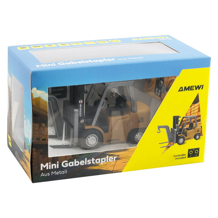 AMEWI Carretilla Elevadora de Control Remoto 1:64 RTR, Mini Gabelstapler, Escala 22715, 2.4 GHz, 2 Velocidades, Batería LiPo 200mAh, Para Niños +6 Años