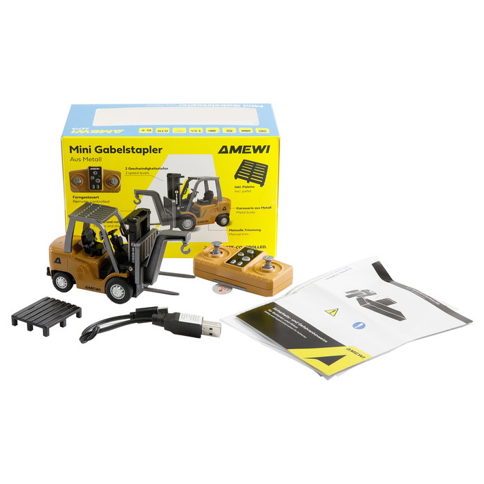 AMEWI Carretilla Elevadora de Control Remoto 1:64 RTR, Mini Gabelstapler, Escala 22715, 2.4 GHz, 2 Velocidades, Batería LiPo 200mAh, Para Niños +6 Años