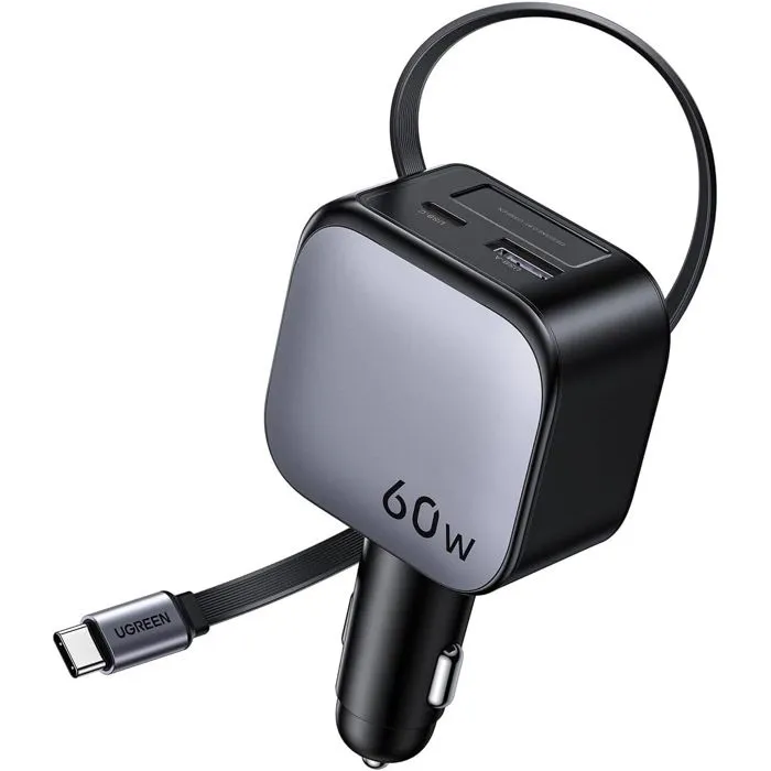 UGREEN Cargador de Coche 60W Negro con Cable USB-C Retráctil y Puertos USB-A/USB-C