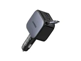 UGREEN 55212B Cargador Rápido para Coche 60W con 2 Puertos USB-C y 1 USB-A con Cable USB-C Retráctil