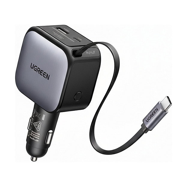 UGREEN Cargador de Coche 60W Negro con Cable USB-C Retráctil y Puertos USB-A/USB-C