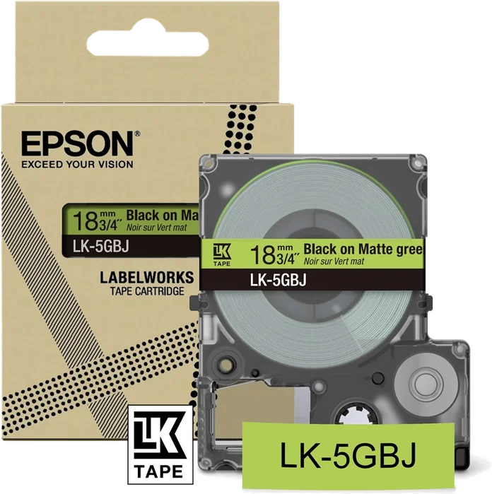 Epson LK-5GBJ C53S672078 Cinta de etiquetas Matte Negro sobre Verde 18mm Epson LK-5GBJ C53S672078 Cinta de etiquetas Matte Negro sobre Verde 18mm