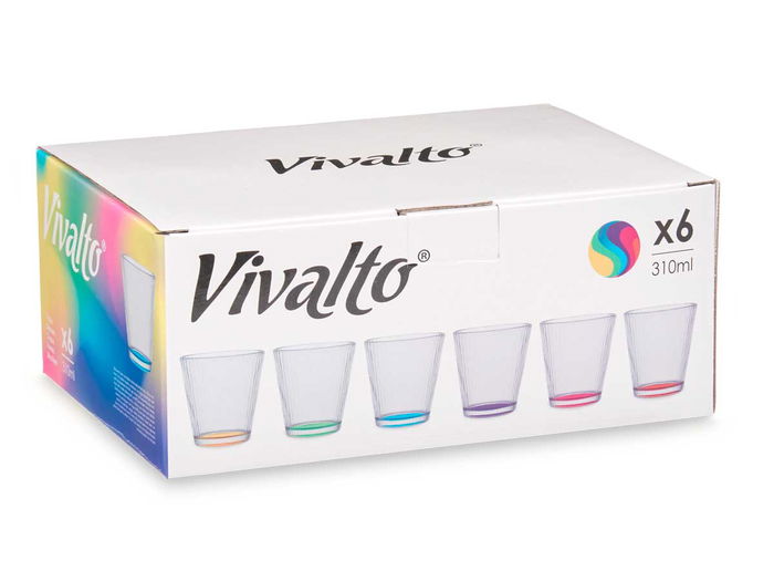 Vivalto Vaso Vidrio Rayas Transparente 310 ml Vidrio Transparente, Morado, Rosa, Verde, Naranja, Amarillo, Azul 9 x 9 x 9.3 cm (Set de 36)