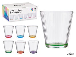 Vivalto Vaso Vidrio Rayas Transparente 310 ml Vidrio Transparente, Morado, Rosa, Verde, Naranja, Amarillo, Azul 9 x 9 x 9.3 cm (Set de 36)