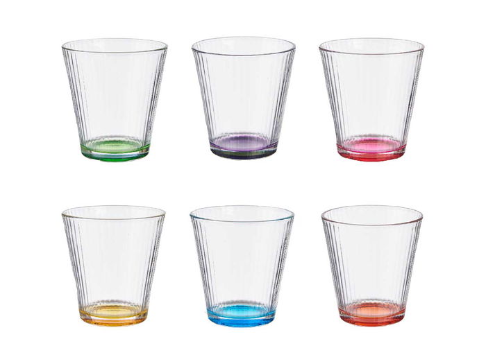 Vivalto Vaso Vidrio Rayas Transparente 310 ml Vidrio Transparente, Morado, Rosa, Verde, Naranja, Amarillo, Azul 9 x 9 x 9.3 cm (Set de 36)