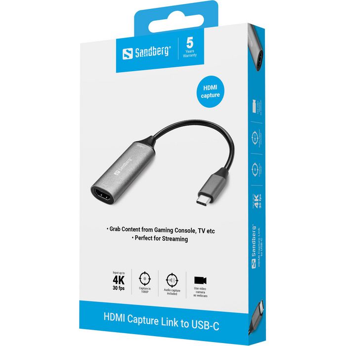 Sandberg Adaptador Capturadora HDMI a USB-C 4K para Streaming, Chat y Grabación en Tiempo Real Sandberg Adaptador Capturadora HDMI a USB-C 4K para Streaming, Chat y Grabación en Tiempo Real