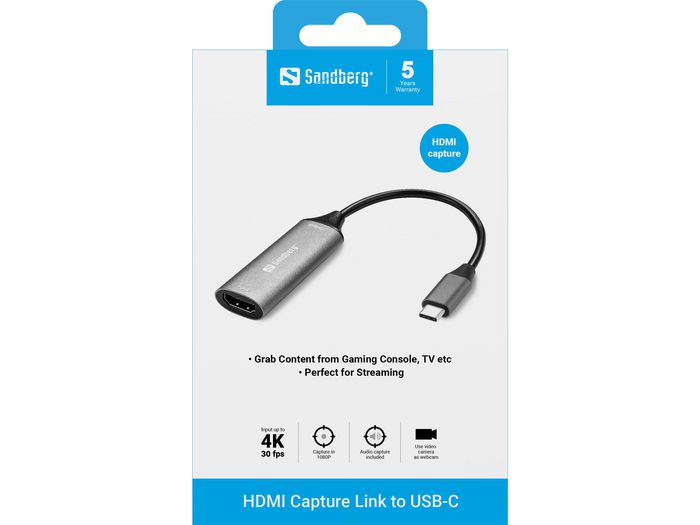Sandberg Adaptador Capturadora HDMI a USB-C 4K para Streaming, Chat y Grabación en Tiempo Real Sandberg Adaptador Capturadora HDMI a USB-C 4K para Streaming, Chat y Grabación en Tiempo Real