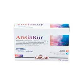 GRICAR Ansiakur 30 Comprimidos - Complemento con L-Triptófano, Magnesio, Withania y Griffonia para el Bienestar Mental y la Relajación - Sin Gluten, Sin Lactosa