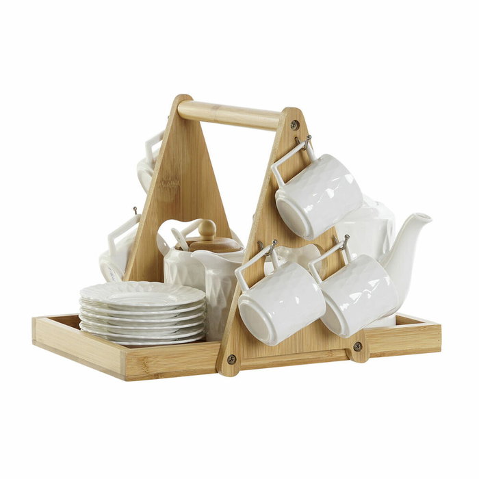 DKD Home Decor Juego de Café Porcelana y Bambú Blanco y Natural DKD Home Decor Juego de Café Porcelana y Bambú Blanco y Natural