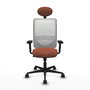 Silla de oficina Zulema con mecanismo Sincro tapizada con Tela color Marrón y malla color Blanco. Equipada con lumbar 1D, Brazos 2D, Cabecero Fijo y Ruedas 65mm nailon