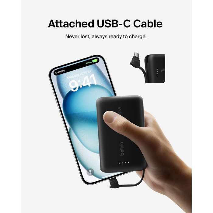 Belkin BPB021HQBK Batería Externa 10000 mAh Negro con Cable USB-C Integrado