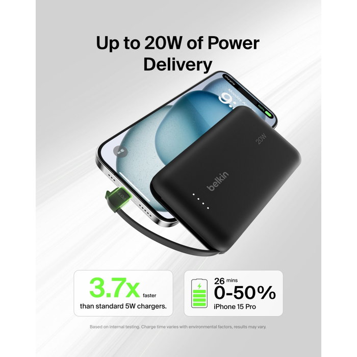 Belkin BPB021HQBK Batería Externa 10000 mAh Negro con Cable USB-C Integrado