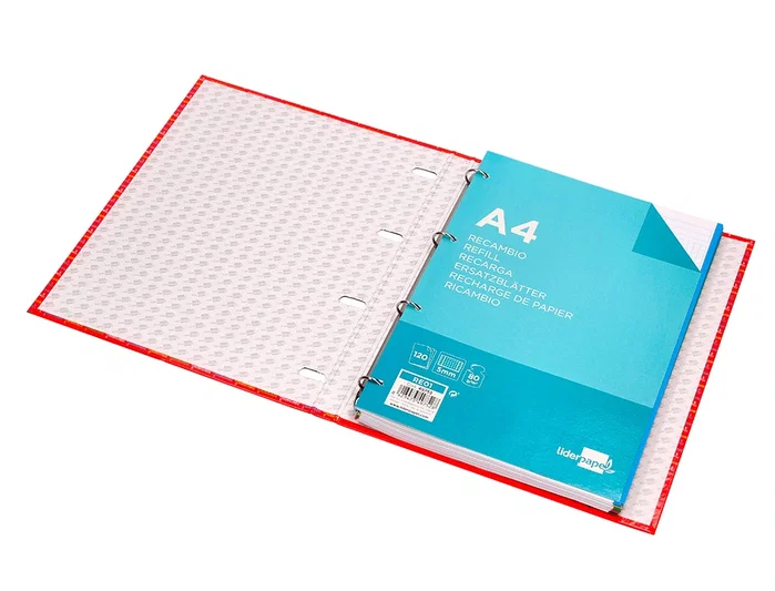 Liderpapel Carpeta con Recambio A4, Cuadro 5mm, Forrada, 4 Anillas de 20mm, 120 Hojas de 80g/m², Colores Surtidos