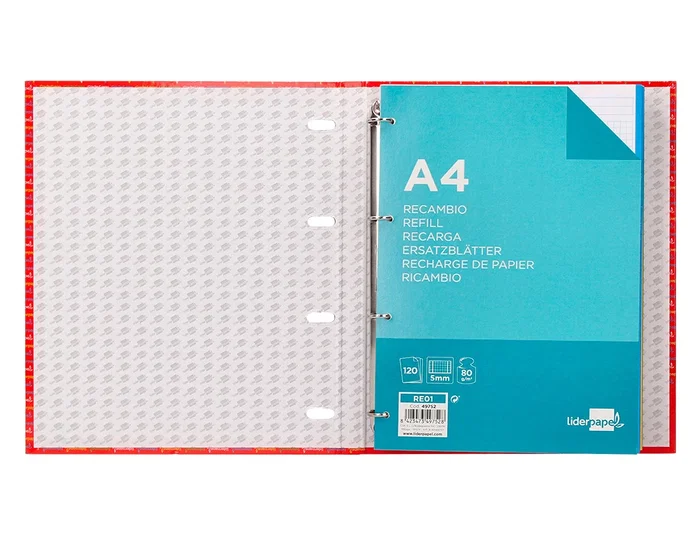 Liderpapel Carpeta con Recambio A4, Cuadro 5mm, Forrada, 4 Anillas de 20mm, 120 Hojas de 80g/m², Colores Surtidos