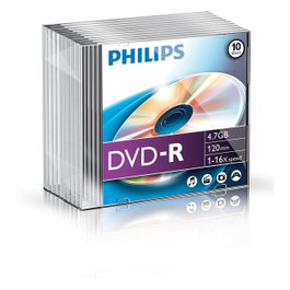 Philips DVD-R 1x10 4.7GB 16x SL 120 Min - Disco Grabable para Datos y Video, Referencia DM4S6S10F/00