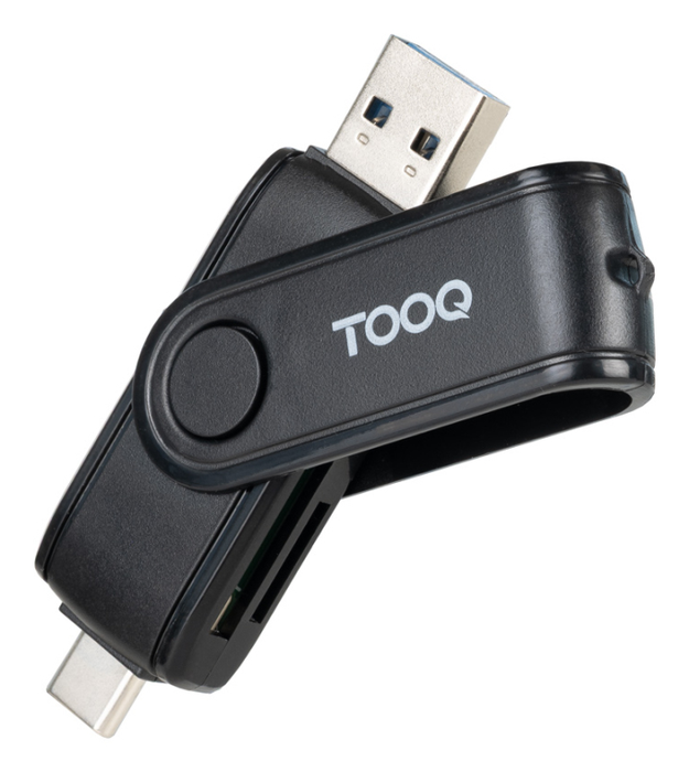 TOOQ Lector de Tarjetas TQR-3003B con Doble Ranura SD/TF, USB-C 2.0 y USB-A 3.0, Negro