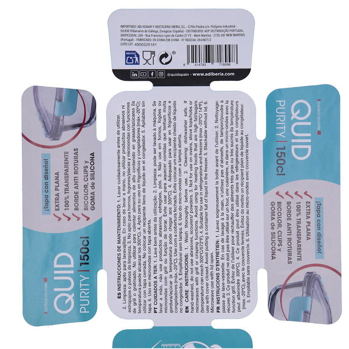 Recipiente Hermético Vidrio Purity Quid 23x17,5x7,6 cm - 150 cL