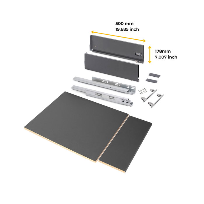 Emuca Kit de cajón para cocina o baño Vertex de altura 178mm con regulación 3D, tableros incluidos, módulo 450mm, Gris antracita Emuca Kit de cajón para cocina o baño Vertex de altura 178mm con regulación 3D, tableros incluidos, módulo 450mm, Gris antracita