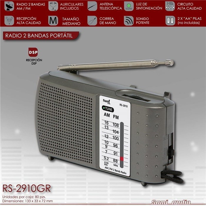 SAMI Radio 2 Bandas con Auriculares, Horizontal, Gris