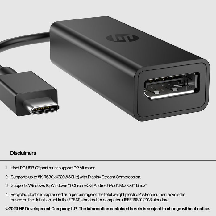 HP Adaptador USB-C a DisplayPort G2 - Puerto USB-C a DisplayPort 1.4 para Conexión Plug and Play a Monitor 8K, Compatible con Windows, MacOS, Android y iPadOS